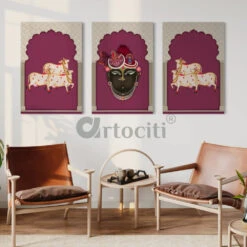 Pichwai Shrinath Ji Canvas Set With Cows And Elegance(Indianara Set Of 3 Shreenathji In Gokul With Cows Pichwai In Canvas Giclee Print) 13 Pichwai Shrinath Ji Canvas Set With Cows And Elegance(Indianara Set Of 3 Shreenathji In Gokul With Cows Pichwai In Canvas Giclee Print) -Artociti Sale Store pichwai shrinath ji canvas set with cows and elegance pink 24x16 inches painting 956