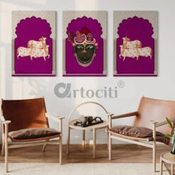 Pichwai Shrinath Ji Canvas Set With Cows And Elegance(Indianara Set Of 3 Shreenathji In Gokul With Cows Pichwai In Canvas Giclee Print) 14 Pichwai Shrinath Ji Canvas Set With Cows And Elegance(Indianara Set Of 3 Shreenathji In Gokul With Cows Pichwai In Canvas Giclee Print) -Artociti Sale Store pichwai shrinath ji canvas set with cows and elegance purple 24x16 inches painting 326