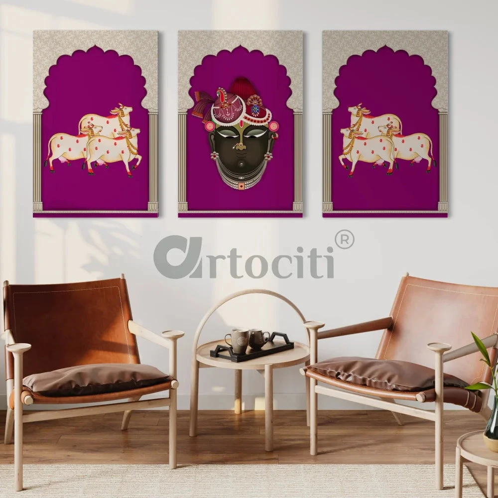 Pichwai Shrinath Ji Canvas Set With Cows And Elegance(Indianara Set Of 3 Shreenathji In Gokul With Cows Pichwai In Canvas Giclee Print) 6 Pichwai Shrinath Ji Canvas Set With Cows And Elegance(Indianara Set Of 3 Shreenathji In Gokul With Cows Pichwai In Canvas Giclee Print) - Image 4