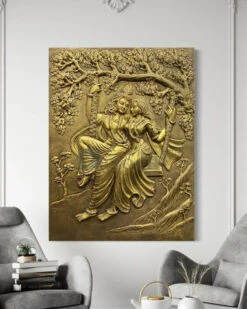 Radha Krishna 3D Relief Mural Wall Art(Radha Krishna Wall Relief Mural Golden) -Artociti Sale Store radha krishna 3d relief mural wall art 4x3 feet golden unframed ready to hang 361