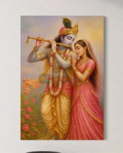 Radha Krishna Divine Love | Romantic Flute Scene Canvas Painting | Indian Ethnic(Radha Krishna Divine Love Romantic Flute Scene Canvas Painting Indian Ethnic) -Artociti Sale Store radha krishna divine love romantic flute scene canvas painting indian ethnic 24x16 inch 554