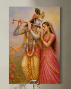 Radha Krishna Divine Love | Romantic Flute Scene Canvas Painting | Indian Ethnic(Radha Krishna Divine Love Romantic Flute Scene Canvas Painting Indian Ethnic) -Artociti Sale Store radha krishna divine love romantic flute scene canvas painting indian ethnic 48x32 inch 743