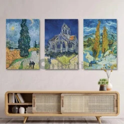 Road With Cypress And Star By Vincent Van Gogh Large Size Canvas Painting(Road With Cypressand Star The Church Of Auvers The Poplars At Saint Remy Set Of 3 Paintings By Vincent Van Gogh Large Size 22x28 Inches Canvas Painting High Quality Giclee Print Ready To Hang)