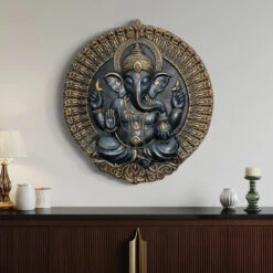 Round Ganesha Wall Decor - 3D Relief Mural Wall Art(3x3 5 Feet Round Ganesha Wall Decor Fiber Mural Elevation 3d Relief Mural Wall Art) -Artociti Sale Store round ganesha wall decor 3d relief mural art 3 5x3 feet black with bronze highlight 922