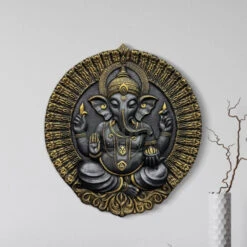 Round Ganesha Wall Decor - 3D Relief Mural Wall Art(3x3 5 Feet Round Ganesha Wall Decor Fiber Mural Elevation 3d Relief Mural Wall Art) -Artociti Sale Store round ganesha wall decor 3d relief mural art 3 5x3 feet black with golden highlight 932