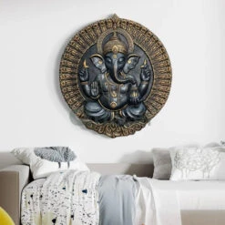 Round Ganesha Wall Decor - 3D Relief Mural Wall Art(3x3 5 Feet Round Ganesha Wall Decor Fiber Mural Elevation 3d Relief Mural Wall Art) -Artociti Sale Store round ganesha wall decor 3d relief mural art 844
