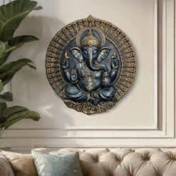 Round Ganesha Wall Decor - 3D Relief Mural Wall Art(3x3 5 Feet Round Ganesha Wall Decor Fiber Mural Elevation 3d Relief Mural Wall Art) -Artociti Sale Store round ganesha wall decor 3d relief mural art 897