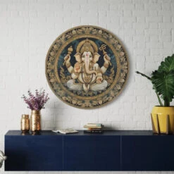 Round Lord Ganesha Canvas Giclee Print Round Canvas Wall Art(Round Lord Ganesha Canvas Giclee Print Ganapati Round Canvas Wall Art Canvas Wall Plates) -Artociti Sale Store round lord ganesha canvas giclee print wall art 16x16 inch 684