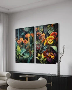 Set Of 2 Abstract Tropical Flora Canvas Paintings – Modern Wall Art Decor(Set Of 2 Abstract Tropical Flora Canvas Paintings Modern Wall Art Decor) -Artociti Sale Store set of 2 abstract tropical flora canvas paintings modern wall art decor 24x16 inch 553