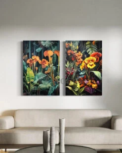 Set Of 2 Abstract Tropical Flora Canvas Paintings – Modern Wall Art Decor(Set Of 2 Abstract Tropical Flora Canvas Paintings Modern Wall Art Decor) -Artociti Sale Store set of 2 abstract tropical flora canvas paintings modern wall art decor 30x20 inch 685
