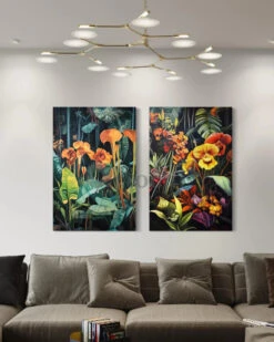 Set Of 2 Abstract Tropical Flora Canvas Paintings – Modern Wall Art Decor(Set Of 2 Abstract Tropical Flora Canvas Paintings Modern Wall Art Decor)