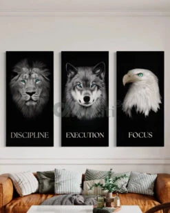 Set Of 3 Discipline | Execution | Focus - Motivational Animal Portrait Canvas Paintings | 4X2 Feet(Set Of 3 Discipline Execution Focus Motivational Animal Portrait Canvas Paintings 4x2 Feet) -Artociti Sale Store set of 3 discipline execution focus motivational animal portrait canvas paintings 4x2 feet 324