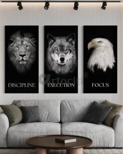 Set Of 3 Discipline | Execution | Focus - Motivational Animal Portrait Canvas Paintings | 4X2 Feet(Set Of 3 Discipline Execution Focus Motivational Animal Portrait Canvas Paintings 4x2 Feet) -Artociti Sale Store set of 3 discipline execution focus motivational animal portrait canvas paintings 4x2 feet 447