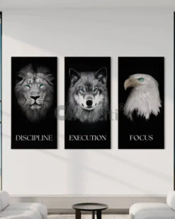 Set Of 3 Discipline | Execution | Focus - Motivational Animal Portrait Canvas Paintings | 4X2 Feet(Set Of 3 Discipline Execution Focus Motivational Animal Portrait Canvas Paintings 4x2 Feet) -Artociti Sale Store set of 3 discipline execution focus motivational animal portrait canvas paintings 4x2 feet 449