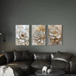 Set Of 3 Golden Grey Floral Abstract Canvas Giclee Prints(Set Of 3 Golden Grey Floral Abstract Canvas Giclee Prints) -Artociti Sale Store set of 3 golden grey floral abstract canvas giclee prints 18x12 inch 253