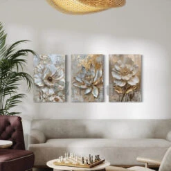 Set Of 3 Golden Grey Floral Abstract Canvas Giclee Prints(Set Of 3 Golden Grey Floral Abstract Canvas Giclee Prints) -Artociti Sale Store set of 3 golden grey floral abstract canvas giclee prints 24x16 inch 747