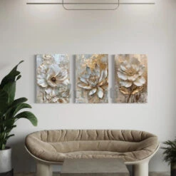 Set Of 3 Golden Grey Floral Abstract Canvas Giclee Prints(Set Of 3 Golden Grey Floral Abstract Canvas Giclee Prints)