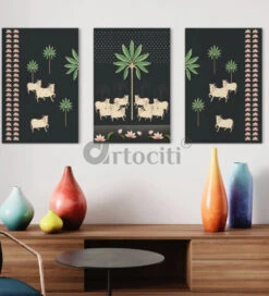 Set Of 3 Krishna Pichwai Cow Canvas Prints Premium Quality Wall Art(Set Of 3 Cow Pichwai Canvas Prints Premium Quality Wall Art) -Artociti Sale Store set of 3 krishna pichwai cow canvas prints premium quality wall art 24x16 inches painting 213
