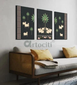 Set Of 3 Krishna Pichwai Cow Canvas Prints Premium Quality Wall Art(Set Of 3 Cow Pichwai Canvas Prints Premium Quality Wall Art) -Artociti Sale Store set of 3 krishna pichwai cow canvas prints premium quality wall art 30x20 inches painting 344