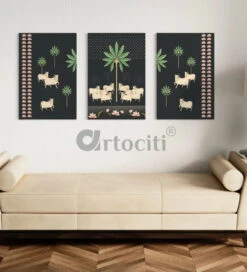 Set Of 3 Krishna Pichwai Cow Canvas Prints Premium Quality Wall Art(Set Of 3 Cow Pichwai Canvas Prints Premium Quality Wall Art) -Artociti Sale Store set of 3 krishna pichwai cow canvas prints premium quality wall art painting 457