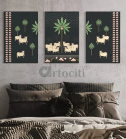 Set Of 3 Krishna Pichwai Cow Canvas Prints Premium Quality Wall Art(Set Of 3 Cow Pichwai Canvas Prints Premium Quality Wall Art) -Artociti Sale Store set of 3 krishna pichwai cow canvas prints premium quality wall art painting 531