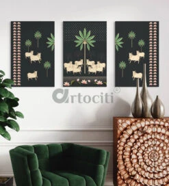 Set Of 3 Krishna Pichwai Cow Canvas Prints Premium Quality Wall Art(Set Of 3 Cow Pichwai Canvas Prints Premium Quality Wall Art) -Artociti Sale Store set of 3 krishna pichwai cow canvas prints premium quality wall art painting 746