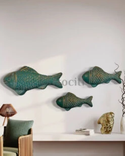 Set Of 3 Ocean Blue Patina Finish Sea Bass Fish Relief Mural Wall Art | Ready To Hang(Set Of 3 Ocean Blue Patina Finish Fish Relief Mural Wall Art Ready To Hang)