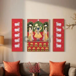 Set Of 3 Shreenath Ji With Pichwai Cow In Red Canvas Giclee Prints(Set Of 3 Shreenath Ji With Pichwai Cow In Red Canvas Giclee Prints)