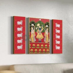 Set Of 3 Shreenath Ji With Pichwai Cow In Red Canvas Giclee Prints(Set Of 3 Shreenath Ji With Pichwai Cow In Red Canvas Giclee Prints) -Artociti Sale Store set of 3 shreenath ji with pichwai cow in red canvas giclee prints 860