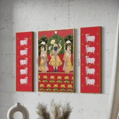 Set Of 3 Shreenath Ji With Pichwai Cow In Red Canvas Giclee Prints(Set Of 3 Shreenath Ji With Pichwai Cow In Red Canvas Giclee Prints) -Artociti Sale Store set of 3 shreenath ji with pichwai cow in red canvas giclee prints 985
