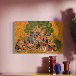 Shiva Parvati Parivar Kerala Mural Art Canvas Giclee Print(Shiva Parvati Parivar Kerala Mural Art Canvas Giclee Print) -Artociti Sale Store shiva parvati parivar kerala mural art canvas giclee print 24x16 inch 917