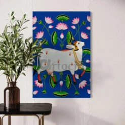 Shreenath Ji Pichwai Cow (Krishna Cow) Traditional Art(Shreenath Ji Pichwai Cow Traditional Artistry With Lotus Touch Ready To Hang)