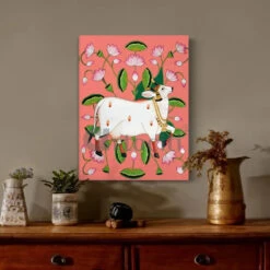 Shreenath Ji Pichwai Cow (Krishna Cow) Traditional Art(Shreenath Ji Pichwai Cow Traditional Artistry With Lotus Touch Ready To Hang) -Artociti Sale Store shreenath ji pichwai cow krishna traditional art 24x16 inches pink 677