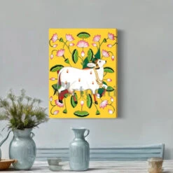 Shreenath Ji Pichwai Cow (Krishna Cow) Traditional Art(Shreenath Ji Pichwai Cow Traditional Artistry With Lotus Touch Ready To Hang) -Artociti Sale Store shreenath ji pichwai cow krishna traditional art 24x16 inches yellow 226