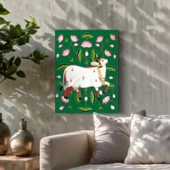 Shreenath Ji Pichwai Cow (Krishna Cow) Traditional Art(Shreenath Ji Pichwai Cow Traditional Artistry With Lotus Touch Ready To Hang) -Artociti Sale Store shreenath ji pichwai cow krishna traditional art 260