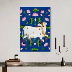 Shreenath Ji Pichwai Cow (Krishna Cow) Traditional Art(Shreenath Ji Pichwai Cow Traditional Artistry With Lotus Touch Ready To Hang) -Artociti Sale Store shreenath ji pichwai cow krishna traditional art 30x20 inches blue 790