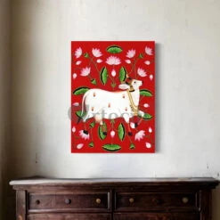 Shreenath Ji Pichwai Cow (Krishna Cow) Traditional Art(Shreenath Ji Pichwai Cow Traditional Artistry With Lotus Touch Ready To Hang) -Artociti Sale Store shreenath ji pichwai cow krishna traditional art 30x20 inches red 697