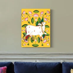 Shreenath Ji Pichwai Cow (Krishna Cow) Traditional Art(Shreenath Ji Pichwai Cow Traditional Artistry With Lotus Touch Ready To Hang) -Artociti Sale Store shreenath ji pichwai cow krishna traditional art 30x20 inches yellow 887