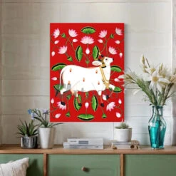Shreenath Ji Pichwai Cow (Krishna Cow) Traditional Art(Shreenath Ji Pichwai Cow Traditional Artistry With Lotus Touch Ready To Hang) -Artociti Sale Store shreenath ji pichwai cow krishna traditional art 355