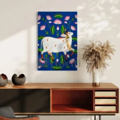 Shreenath Ji Pichwai Cow (Krishna Cow) Traditional Art(Shreenath Ji Pichwai Cow Traditional Artistry With Lotus Touch Ready To Hang) -Artociti Sale Store shreenath ji pichwai cow krishna traditional art 592