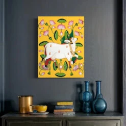 Shreenath Ji Pichwai Cow (Krishna Cow) Traditional Art(Shreenath Ji Pichwai Cow Traditional Artistry With Lotus Touch Ready To Hang) -Artociti Sale Store shreenath ji pichwai cow krishna traditional art 635