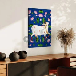 Shreenath Ji Pichwai Cow (Krishna Cow) Traditional Art(Shreenath Ji Pichwai Cow Traditional Artistry With Lotus Touch Ready To Hang) -Artociti Sale Store shreenath ji pichwai cow krishna traditional art 930
