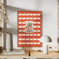 Shreenath Ji Pichwai With Cow Canvas Giclee Print(Divine Harmony Shreenath Ji Pichwai With Cow Exclusive Canvas Giclee Print Red Color) -Artociti Sale Store shreenath ji pichwai with cow canvas giclee print 30x20 inches 292