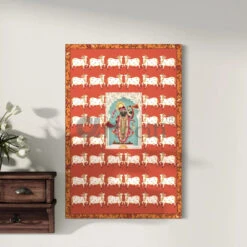 Shreenath Ji Pichwai With Cow Canvas Giclee Print(Divine Harmony Shreenath Ji Pichwai With Cow Exclusive Canvas Giclee Print Red Color) -Artociti Sale Store shreenath ji pichwai with cow canvas giclee print 617