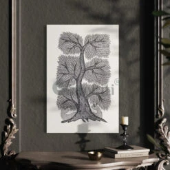 Tree Of Life Gond Art Monochrome Canvas Giclee Print(Tree Of Life The Essence Of Gond Art Through Monochromatic Balance Gond Painting)