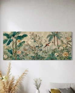 Tropical Botanical Canvas Painting With Birds Modern Abstract Art(Tropical Botanical Canvas Painting With Birds Modern Abstract Art)