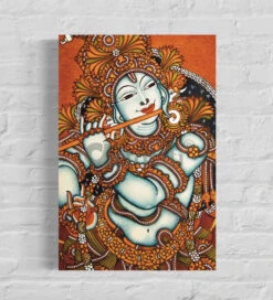 Vibrant Kerala Mural Lord Krishna Flute Canvas(Vibrant Kerala Mural Lord Krishna Flute Canvas Divine Melody) -Artociti Sale Store vibrant kerala mural lord krishna flute canvas 30x20 836