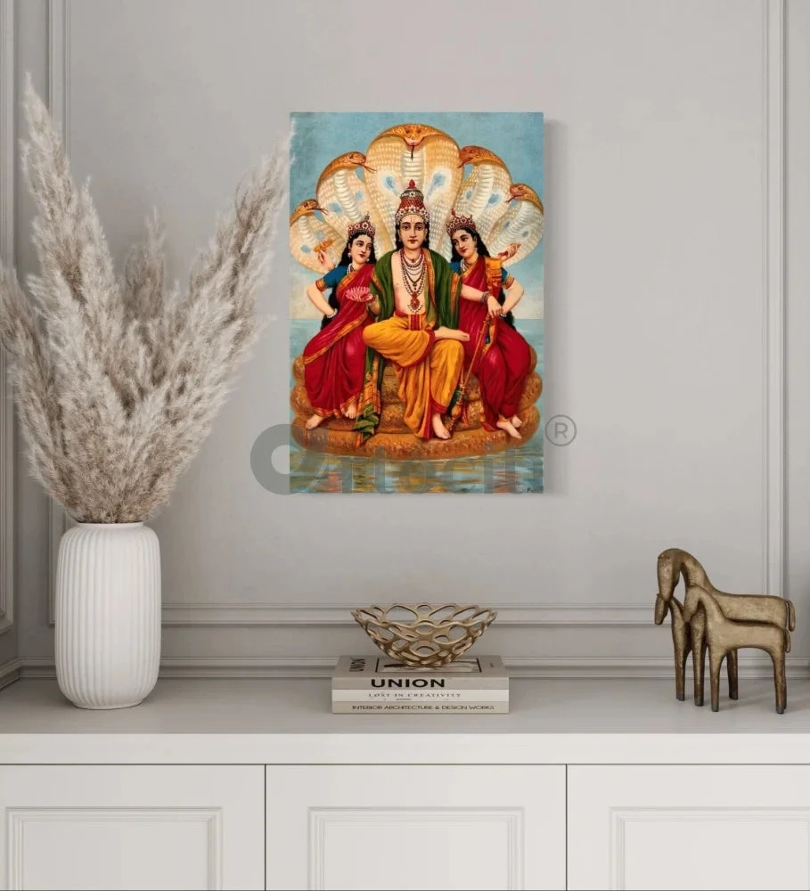 Vishnu Flanked By Two Wives By Raja Ravi Varma Famous Canvas Painting(Vishnu Flanked By Two Wives Resting On Shesa The Serpent By Raja Ravi Varma Famous Canvas Painting) 4 Vishnu Flanked By Two Wives By Raja Ravi Varma Famous Canvas Painting(Vishnu Flanked By Two Wives Resting On Shesa The Serpent By Raja Ravi Varma Famous Canvas Painting) - Image 2