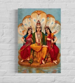 Vishnu Flanked By Two Wives By Raja Ravi Varma Famous Canvas Painting(Vishnu Flanked By Two Wives Resting On Shesa The Serpent By Raja Ravi Varma Famous Canvas Painting)