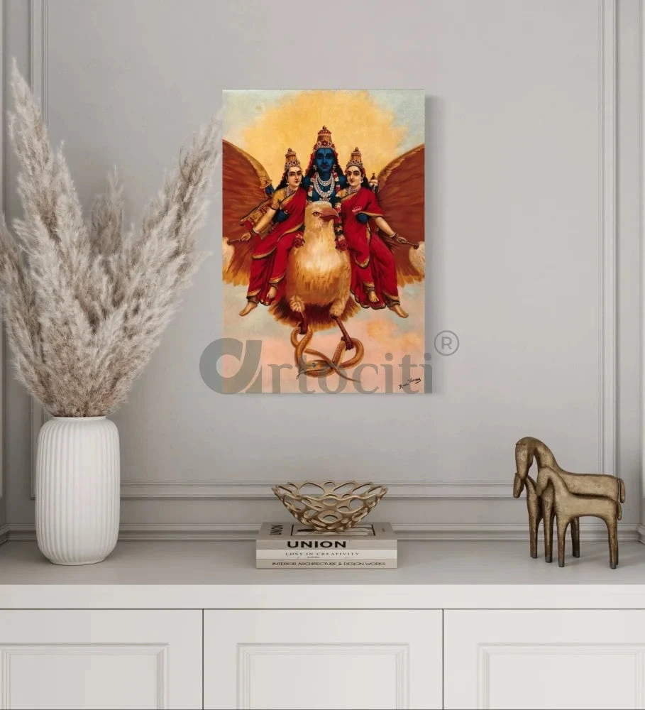 Vishnu On Garuda With His Consorts By Raja Ravi Varma - Famous Canvas Painting(Vishnu On Garuda With His Consorts By Raja Ravi Varma Famous Canvas Painting) 4 Vishnu On Garuda With His Consorts By Raja Ravi Varma - Famous Canvas Painting(Vishnu On Garuda With His Consorts By Raja Ravi Varma Famous Canvas Painting) - Image 2